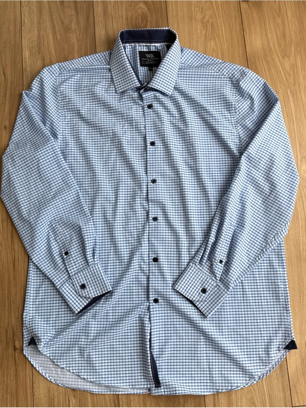 WRK Dress Shirt Mens 17.5 Blue White 4 Way Stretch Performance Button Up
